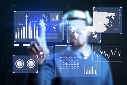 Digital technology enhances data analysis in a modern office environment with interactive displays and graphs for informed decision-making