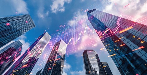 Financial stock graph overlay on modern skyscrapers showing futuristic business data concept in urban environment with digital indicators in sky. Ai generative