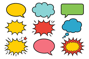 Set of colorful comic speech bubbles. Cartoon pop art style thought clouds and explosion burst shapes. Retro message and dialogue communication vector graphic elements. Pow, wow.