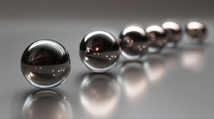 Glass spheres in a row on gray surface, reflecting light and creating depth
