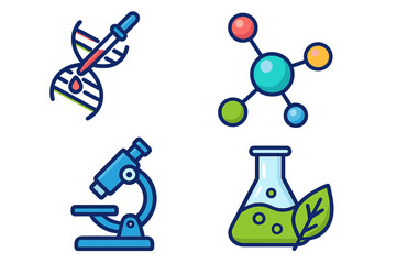 Science and biotechnology flat icon set. Vector illustrations of DNA manipulation, gene editing, molecule, microscope, lab research, and chemistry experiment concepts.