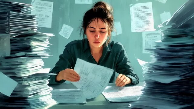 Tired sleepy overtime work load. A digital painting of a woman in a cluttered office setting, surrounded by stacks of papers and documents. She appears to be stressed.