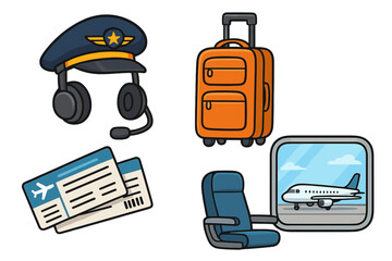 Fototapeta premium Travel and aviation icon collection. Pilot hat with headset, luggage, airline tickets, and airplane cabin seat view. Vector cartoon flight essentials for airport journey.