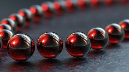 Red metallic spheres in a row on dark surface, reflecting light and color