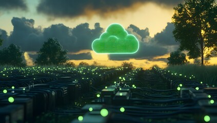 A green cloud icon floating above an array of black server towers, surrounded by small glowing data streams