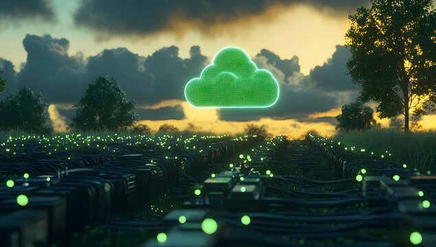 A green cloud icon floating above an array of black server towers, surrounded by small glowing data streams - Powered by Adobe