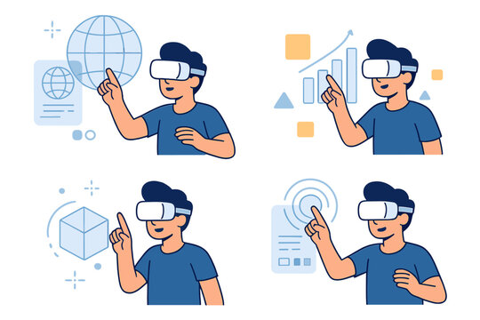 Man in VR headset explores metaverse. Virtual reality concept with user interacting with data, charts, and globe. Futuristic technology and business simulation vector set.