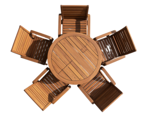 Top-Down View of Wooden Patio Set with Round Table and Three Chairs, Transparent Cutout