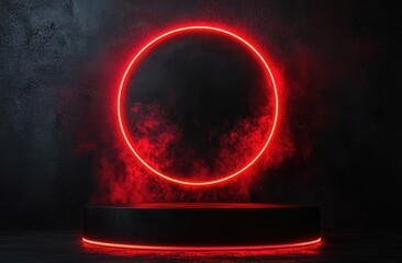 Futuristic black background with a vibrant red neon light ring creating an abstract and modern visual