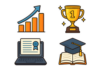 Education icon set for e-learning and success. Vector icons of graduation cap, trophy, growth chart, and online certificate. Concept for achievement, progress, and study.
