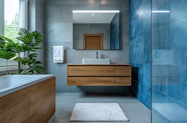 Modern bathroom design with blue matte ceramic tiles, stylish white vessel sink, and contemporary fixtures creating a tranquil atmosphere