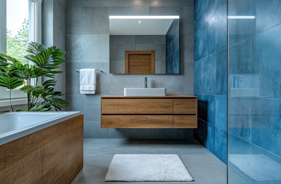 Modern bathroom design with blue matte ceramic tiles, stylish white vessel sink, and contemporary fixtures creating a tranquil atmosphere