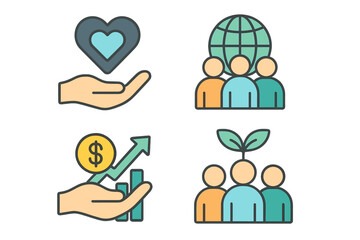 Social impact and financial growth icon set. Community development, sustainable initiatives, charity, and investment symbols. Corporate social responsibility concept vector.
