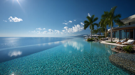 Fototapeta premium The infinity pool seamlessly merging with the ocean horizon under a cloudless azure sky (1)