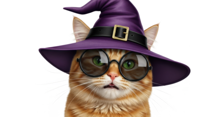 A ginger cat, wearing round sunglasses and a purple witch's hat, stares inquisitively.