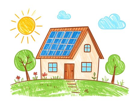 Child's drawing of a house with solar panels on the roof. - Powered by Adobe