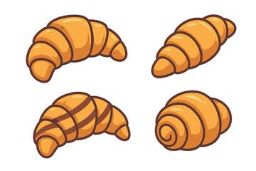 Collection of vector cartoon croissants. French pastry and bakery food illustration. Set of delicious breakfast icons isolated on white. Yummy snack or dessert design.
