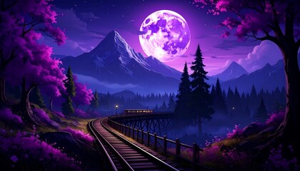 A tranquil mountain landscape at night with a full moon and a train track.