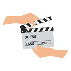 Obraz premium A clapperboard is held by two stylized hands possibly indicating a film production.