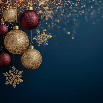 An elegant image with Christmas decorations located in the upper left corner. On a blue gradient background, there are Christmas balls in gold and burgundy colors, as well as shiny gold snowflakes. So