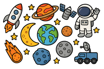 Cute cartoon space icon set. Vector collection with astronaut, rocket, planets, Earth, moon, and stars. Doodle science elements for kids, stickers, or educational design.