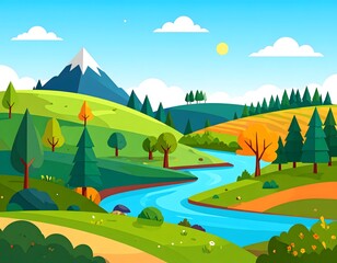 Fototapeta premium Colorful Landscape Painting Featuring a River, Mountains, and Vibrant Greenery in a Serene Setting