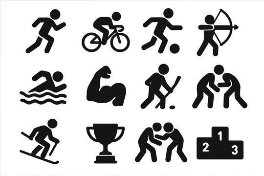 Sports icons collection. Vector pictogram set of running, cycling, soccer, archery, swimming, hockey, wrestling, skiing. Fitness, bodybuilding, trophy, podium symbols.
