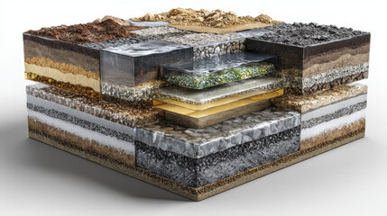 Sanitary landfill cross section showing multiple layers of soil, waste, protective liners, and drainage systems designed to prevent contamination and manage waste effectively
