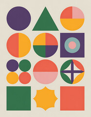 Abstract geometric composition featuring circles ovals squares and triangles in warm and cool colors