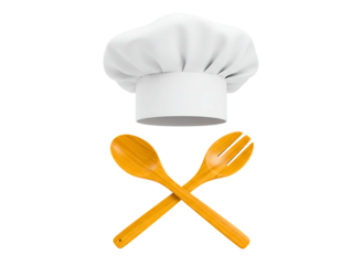 White chef hat and crossed wooden spoons isolated on transparent background