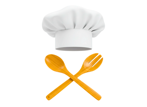 White chef hat and crossed wooden spoons isolated on transparent background