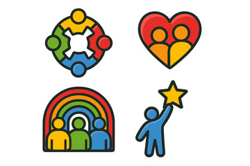 Vector icons set for teamwork, collaboration, and community. Symbols for love, partnership, inclusion, diversity, pride, and achievement. Flat cartoon illustration concept.
