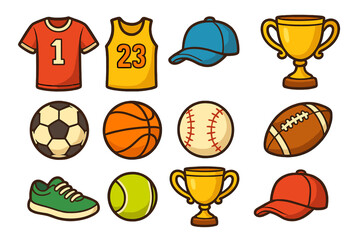 Colorful sports-themed vector icons featuring clothing, balls, trophies, and accessories on a white background, cartoon style, isolated transparent design