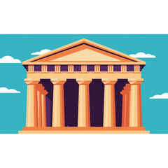 Fototapeta premium A classical building illustration featuring columns a roof and a blue sky with clouds.