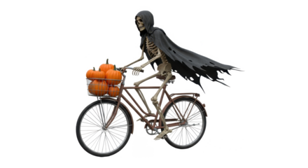 Grim reaper skeleton on bicycle, carrying pumpkins in basket, Halloween theme.
