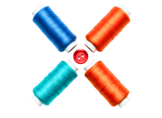 Four colorful spools of thread arranged in a cross shape with a red button in the center isolated on transparent background