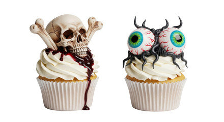 Two Halloween cupcakes decorated with a skull and crossbones, and creepy eyeballs.