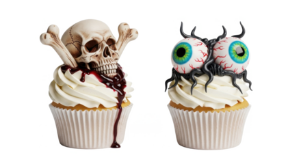 Two Halloween cupcakes decorated with a skull and crossbones, and creepy eyeballs.