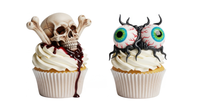 Two Halloween cupcakes decorated with a skull and crossbones, and creepy eyeballs.