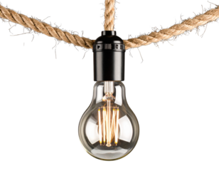 Minimalist Clear Glass Bulb on Coiled Twisted Rope, Angled Side View, Transparent Cutout 