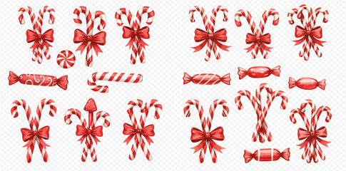 A festive collection of red and white striped candy canes, some tied with bows, alongside other Christmas sweets like peppermint swirls and wrapped hard candies.