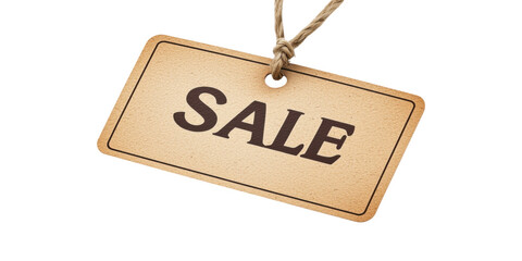 Vintage SALE tag: A classic, rustic SALE tag, evoking the charm of retail, beckons to shoppers. The tan, textured paper tag swings gently from its twine, a symbol of great value and promotion.