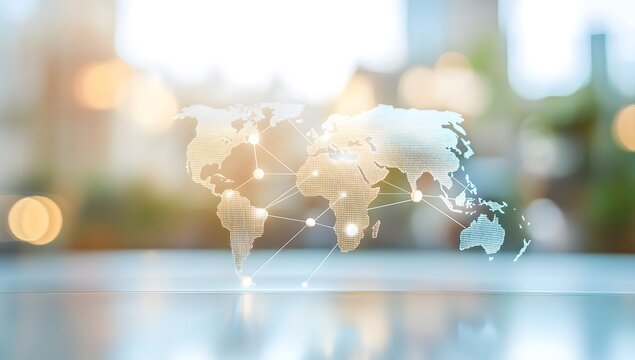 A global map with interconnected nodes symbolizing the internet, showing connections between different countries and cities