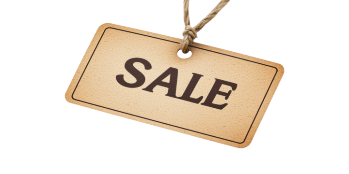 Vintage SALE tag: A classic, rustic SALE tag, evoking the charm of retail, beckons to shoppers. The tan, textured paper tag swings gently from its twine, a symbol of great value and promotion.
