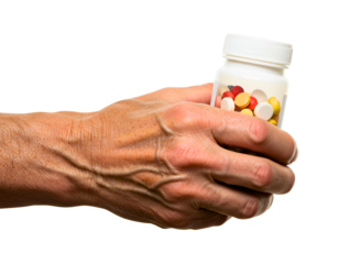 Elderly hand holding small bottle of colorful pills isolated on transparent background