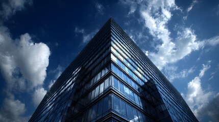 Modern skyscraper against a partly cloudy sky.