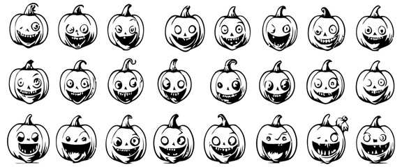 Many pumpkins with various expressions. Halloween theme.