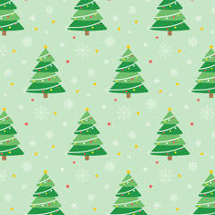 Christmas tree with snowflakes and stars repeat pattern isolated on light green background.Forest, green pine tree seamless pattern.Vector graphic illustration wallpaper.