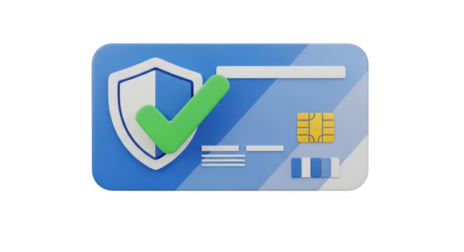 3d icon of a secure credit card with a shield and check mark, symbolizing safe online payments and financial protection isolated on transparent background