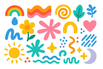 Big set of colorful hand-drawn abstract shapes. Cute doodle elements for design. Modern trendy vector illustration with sun, rainbow, flower, and heart. Childish clip art pack.